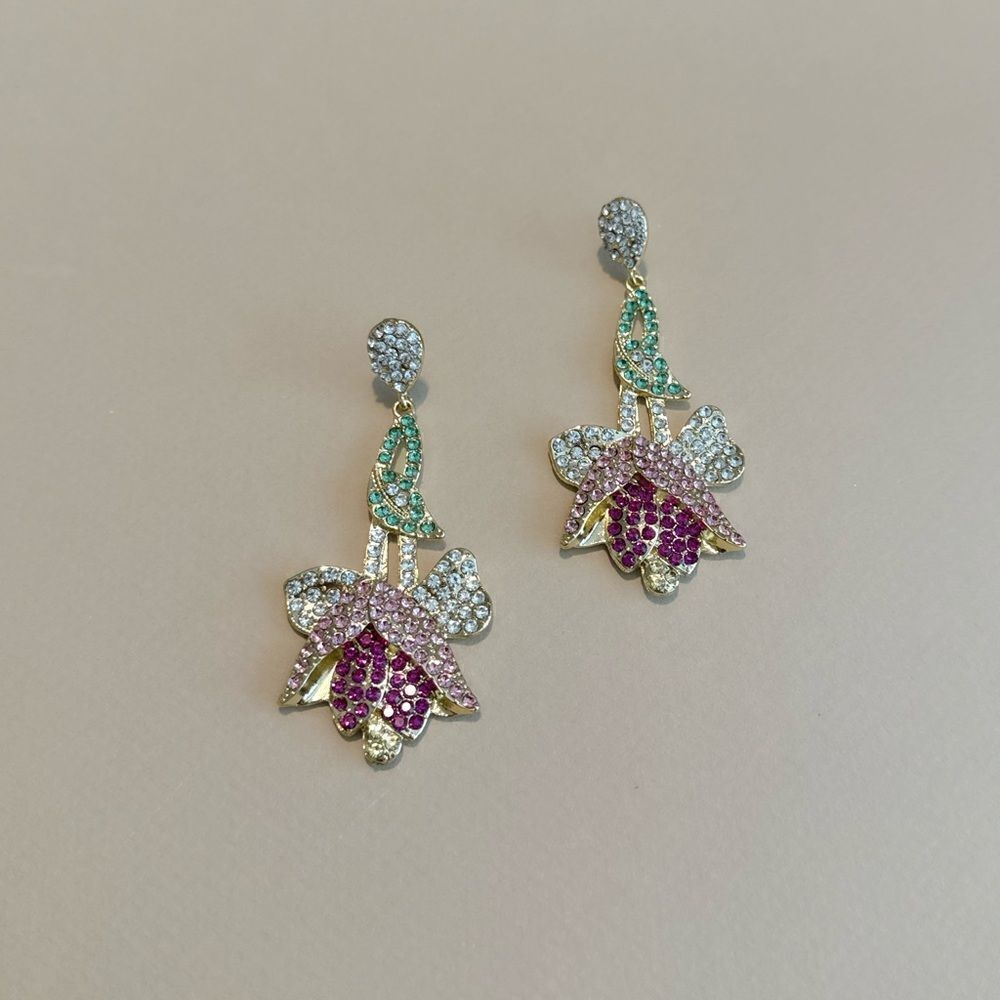 Zara Pink Green Floral Crystal Drop Earrings - Picture 2 of 4